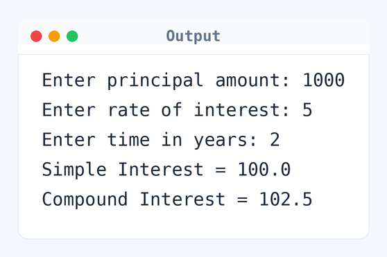 Output of C Program to Calculate Simple Interest and Compound Interest