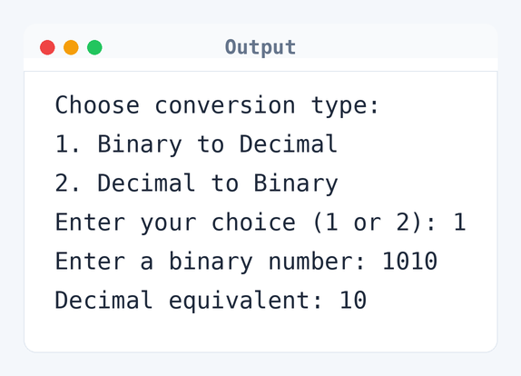 Output of C Program to Convert Binary Number to Decimal and vice-versa