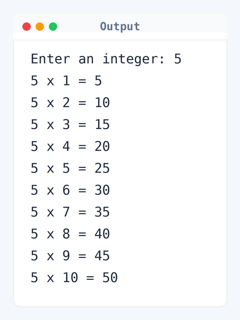 Output of C Program to Generate Multiplication Table