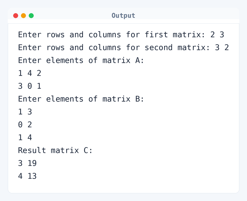 Output of C Program to Multiply Two Matrices Using Multi-dimensional Arrays
