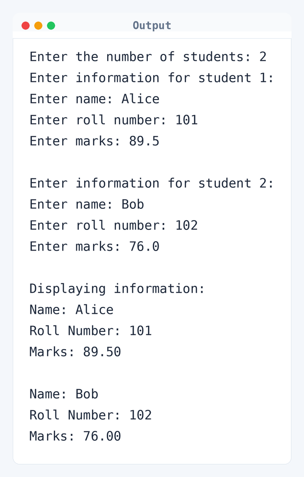 Output of C Program to Store Information of Students Using Structure
